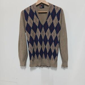 Vintage Robert Bruce mens small soft wool sweater argyle tan blue preppy